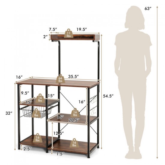 Honhorrs Four-Tier Kitchen Baker's Rack, Metal Frame with Basket, Five Hooks and MDF Shelf Panels
