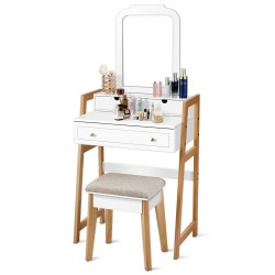 XVX White Vanity and Cushioned Stool Set, Large Mirror with Three Drawers and Two-Level Display