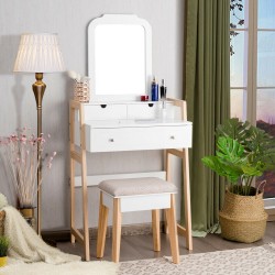 XVX White Vanity and Cushioned Stool Set, Large Mirror with Three Drawers and Two-Level Display