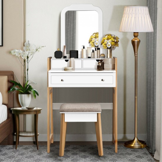 Honhorrs White Vanity and Cushioned Stool Set, Large Mirror with Three Drawers and Two-Level Display