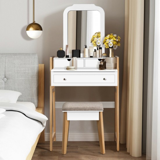 Honhorrs White Vanity and Cushioned Stool Set, Large Mirror with Three Drawers and Two-Level Display