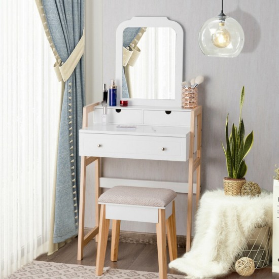 Honhorrs White Vanity and Cushioned Stool Set, Large Mirror with Three Drawers and Two-Level Display