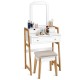 Honhorrs White Vanity and Cushioned Stool Set, Large Mirror with Three Drawers and Two-Level Display