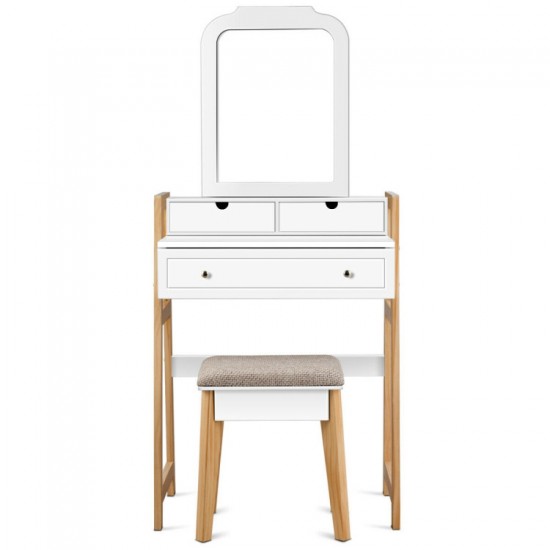 Honhorrs White Vanity and Cushioned Stool Set, Large Mirror with Three Drawers and Two-Level Display