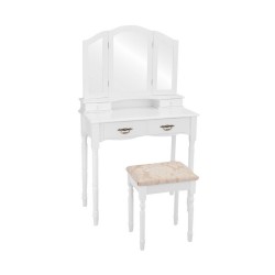 Honhorrs Four-Drawer Makeup Vanity Set, Tri-Fold Mirror and Floral Cushioned Stool with Wood Legs