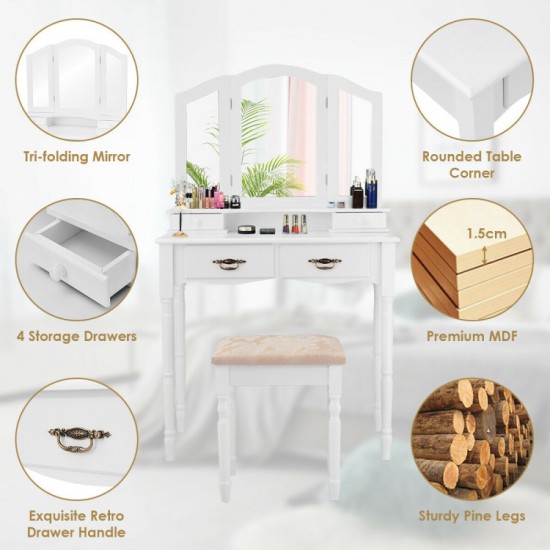 Honhorrs Four-Drawer Makeup Vanity Set, Tri-Fold Mirror and Floral Cushioned Stool with Wood Legs