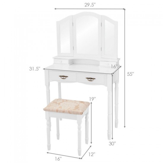 Honhorrs Four-Drawer Makeup Vanity Set, Tri-Fold Mirror and Floral Cushioned Stool with Wood Legs