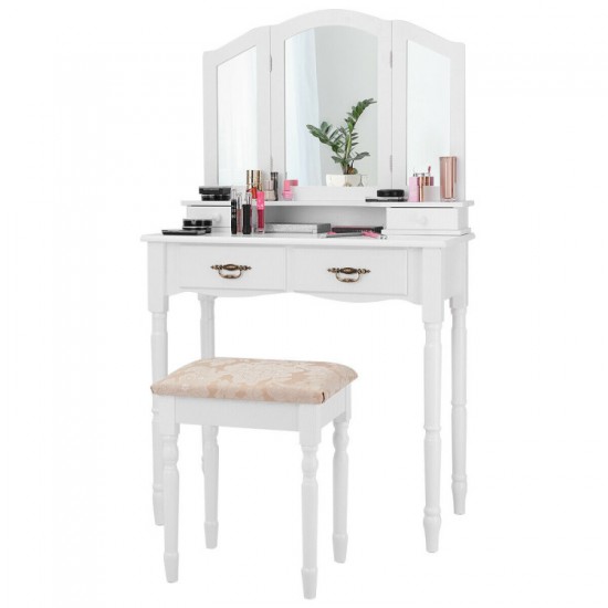 Honhorrs Four-Drawer Makeup Vanity Set, Tri-Fold Mirror and Floral Cushioned Stool with Wood Legs