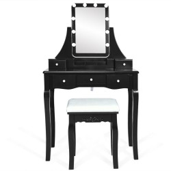 Honhorrs Lighted Vanity with Ten Dimmable Bulbs, Five Drawers, Rotating Mirror and Cushioned Stool
