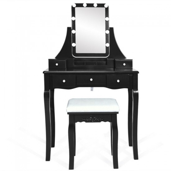 Honhorrs Lighted Vanity with Ten Dimmable Bulbs, Five Drawers, Rotating Mirror and Cushioned Stool