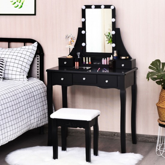 Honhorrs Lighted Vanity with Ten Dimmable Bulbs, Five Drawers, Rotating Mirror and Cushioned Stool