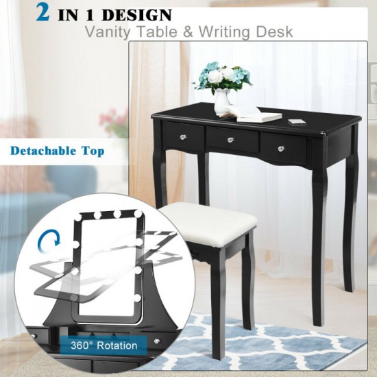 Honhorrs Lighted Vanity with Ten Dimmable Bulbs, Five Drawers, Rotating Mirror and Cushioned Stool