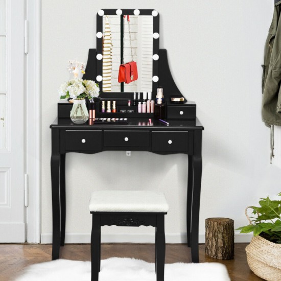 Honhorrs Lighted Vanity with Ten Dimmable Bulbs, Five Drawers, Rotating Mirror and Cushioned Stool