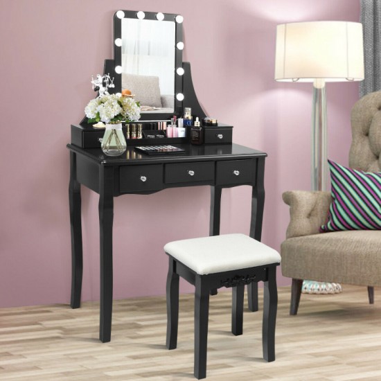 Honhorrs Lighted Vanity with Ten Dimmable Bulbs, Five Drawers, Rotating Mirror and Cushioned Stool