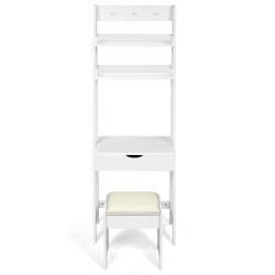 Honhorrs Flip-Top Vanity Mirror, Divided Makeup Storage and Upper Shelves with a Cushioned Stool