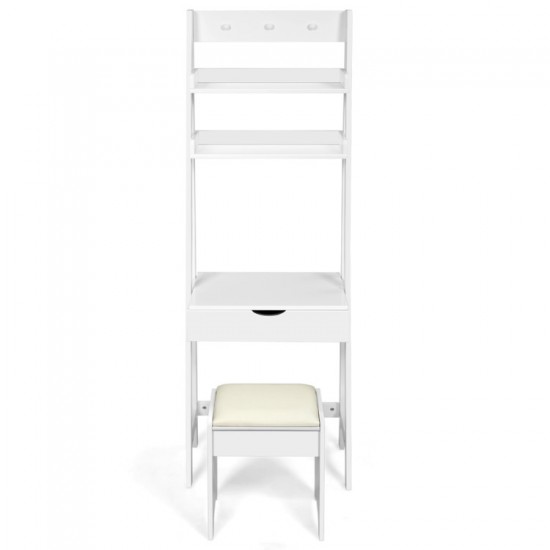 Honhorrs Flip-Top Vanity Mirror, Divided Makeup Storage and Upper Shelves with a Cushioned Stool