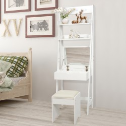 Honhorrs Flip-Top Vanity Mirror, Divided Makeup Storage and Upper Shelves with a Cushioned Stool