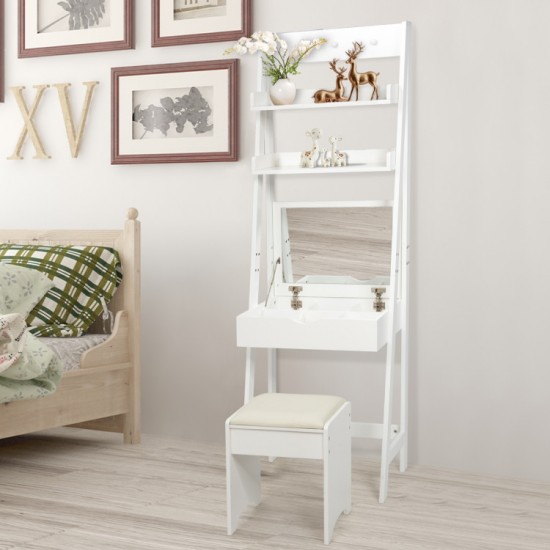 Honhorrs Flip-Top Vanity Mirror, Divided Makeup Storage and Upper Shelves with a Cushioned Stool