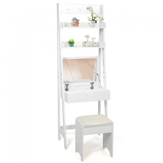 Honhorrs Flip-Top Vanity Mirror, Divided Makeup Storage and Upper Shelves with a Cushioned Stool