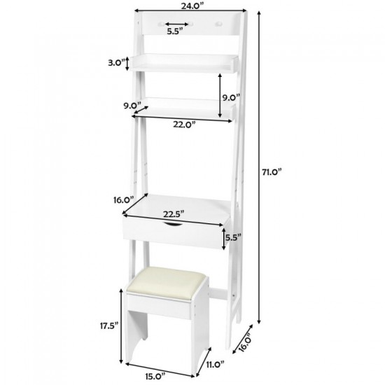 Honhorrs Flip-Top Vanity Mirror, Divided Makeup Storage and Upper Shelves with a Cushioned Stool