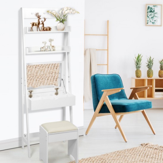 Honhorrs Flip-Top Vanity Mirror, Divided Makeup Storage and Upper Shelves with a Cushioned Stool