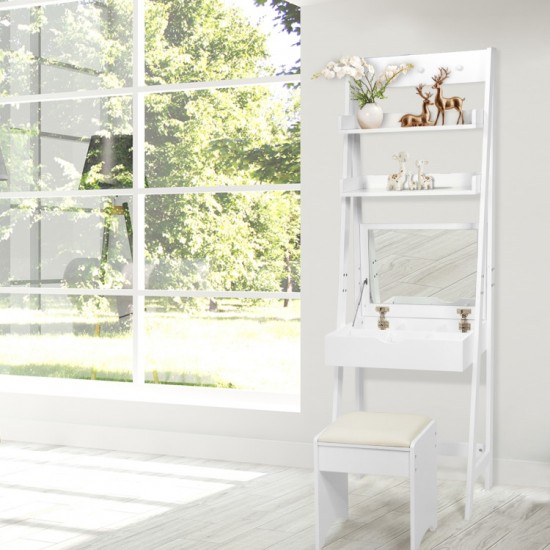 Honhorrs Flip-Top Vanity Mirror, Divided Makeup Storage and Upper Shelves with a Cushioned Stool