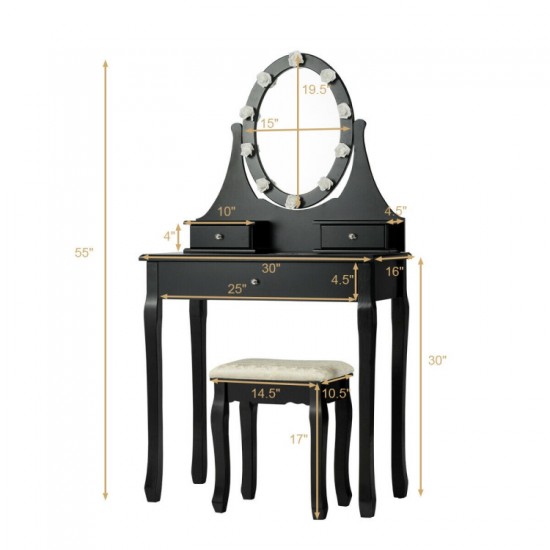 Three-Drawer Vanity by Honhorrs, Rotating Ten-Light Mirror, Detachable Mirror Top and Padded Stool