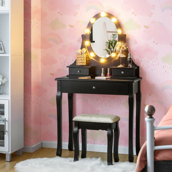 Three-Drawer Vanity by Honhorrs, Rotating Ten-Light Mirror, Detachable Mirror Top and Padded Stool