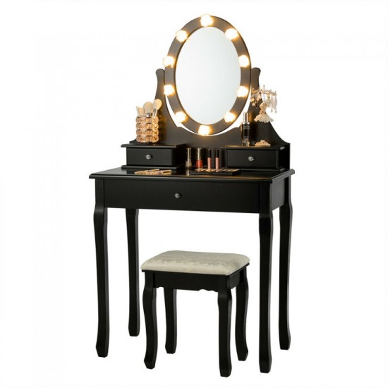 Three-Drawer Vanity by Honhorrs, Rotating Ten-Light Mirror, Detachable Mirror Top and Padded Stool