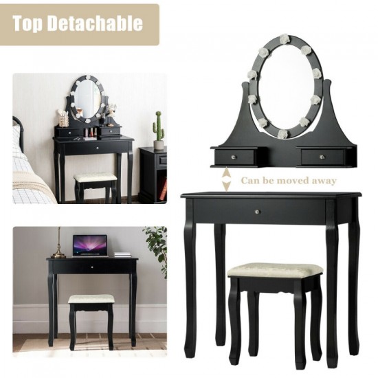 Three-Drawer Vanity by Honhorrs, Rotating Ten-Light Mirror, Detachable Mirror Top and Padded Stool