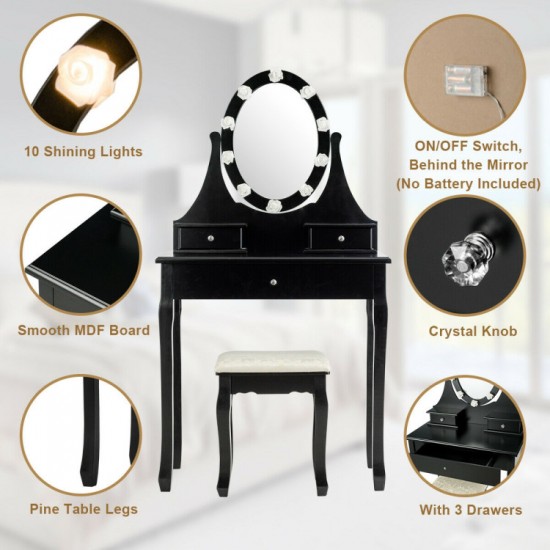 Three-Drawer Vanity by Honhorrs, Rotating Ten-Light Mirror, Detachable Mirror Top and Padded Stool