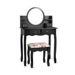 Honhorrs Four-Drawer Vanity and Padded Stool, Pivoting Round Mirror with Raised Tabletop Edges