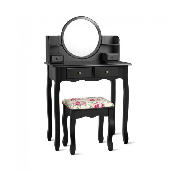 Honhorrs Four-Drawer Vanity and Padded Stool, Pivoting Round Mirror with Raised Tabletop Edges