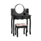 Honhorrs Four-Drawer Vanity and Padded Stool, Pivoting Round Mirror with Raised Tabletop Edges