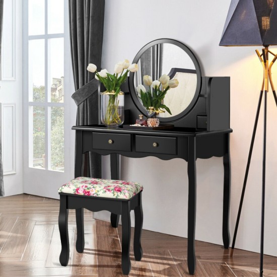 Honhorrs Four-Drawer Vanity and Padded Stool, Pivoting Round Mirror with Raised Tabletop Edges