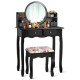 Honhorrs Four-Drawer Vanity and Padded Stool, Pivoting Round Mirror with Raised Tabletop Edges
