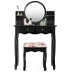 Honhorrs Four-Drawer Vanity and Padded Stool, Pivoting Round Mirror with Raised Tabletop Edges