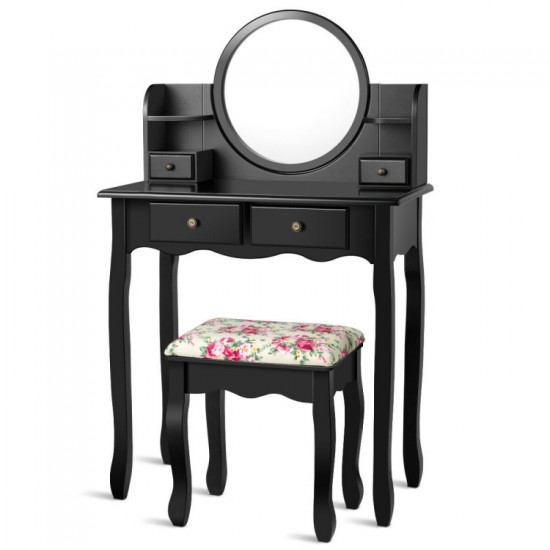 Honhorrs Four-Drawer Vanity and Padded Stool, Pivoting Round Mirror with Raised Tabletop Edges