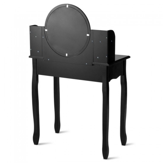 Honhorrs Four-Drawer Vanity and Padded Stool, Pivoting Round Mirror with Raised Tabletop Edges