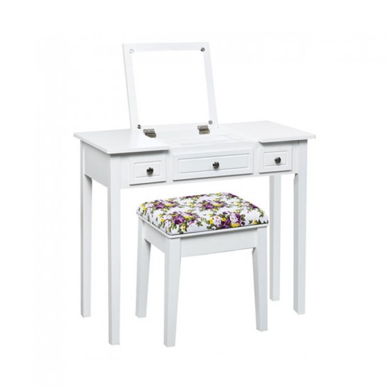 Honhorrs Flip-Mirror Dressing Table, Three Drawers and Separate Storage Box on Solid Wooden Legs