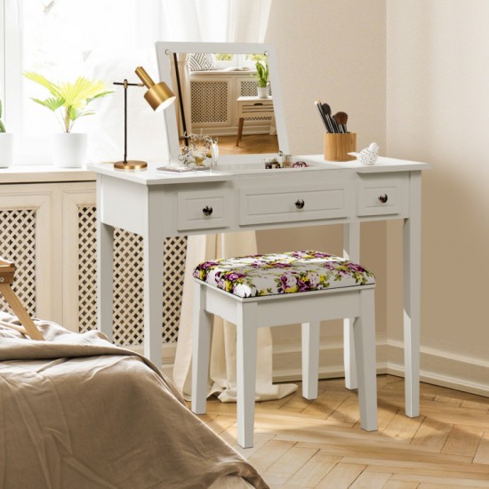 Honhorrs Flip-Mirror Dressing Table, Three Drawers and Separate Storage Box on Solid Wooden Legs