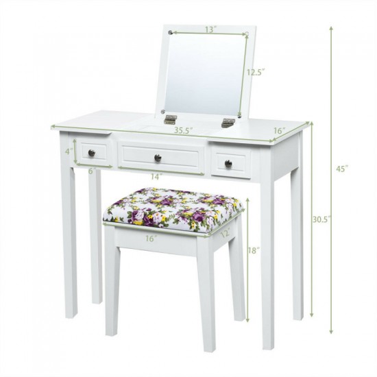 Honhorrs Flip-Mirror Dressing Table, Three Drawers and Separate Storage Box on Solid Wooden Legs