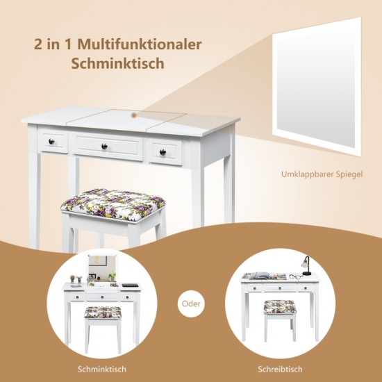 Honhorrs Flip-Mirror Dressing Table, Three Drawers and Separate Storage Box on Solid Wooden Legs