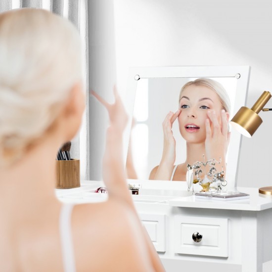 Honhorrs Flip-Mirror Dressing Table, Three Drawers and Separate Storage Box on Solid Wooden Legs