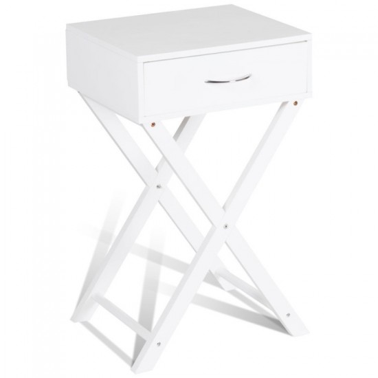 Honhorrs White X-Frame Side Table, Single Drawer and Display Top for Bedside or Living-Room Storage