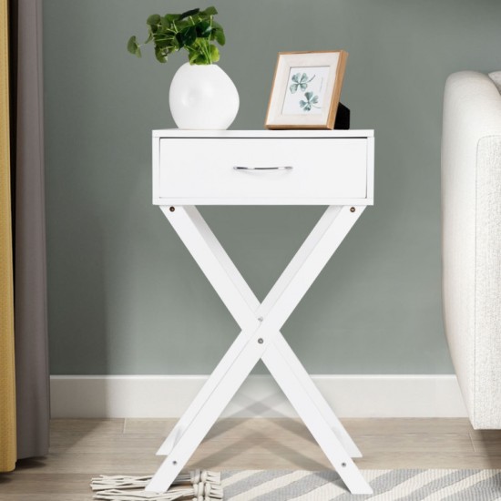Honhorrs White X-Frame Side Table, Single Drawer and Display Top for Bedside or Living-Room Storage