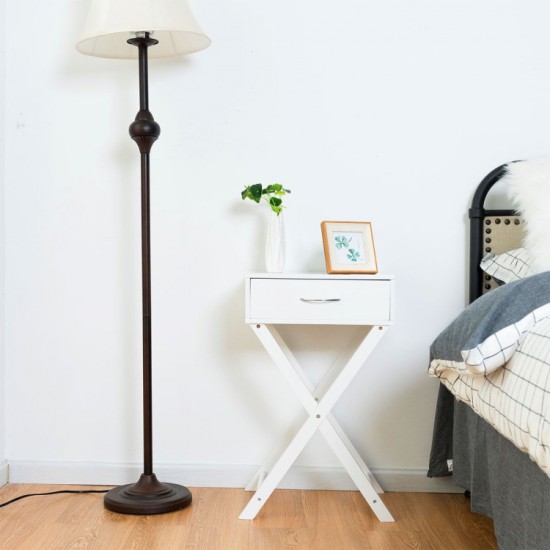 Honhorrs White X-Frame Side Table, Single Drawer and Display Top for Bedside or Living-Room Storage
