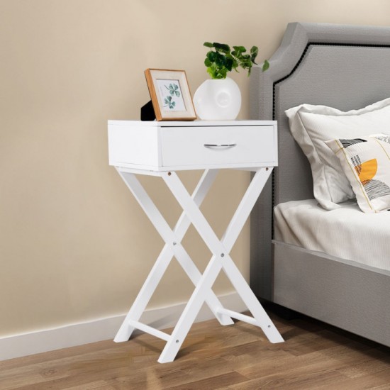 Honhorrs White X-Frame Side Table, Single Drawer and Display Top for Bedside or Living-Room Storage
