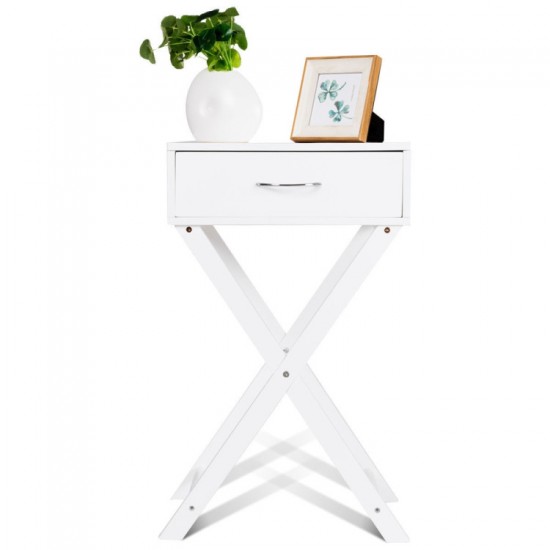 Honhorrs White X-Frame Side Table, Single Drawer and Display Top for Bedside or Living-Room Storage
