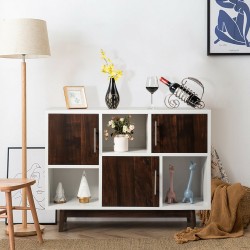 Honhorrs Six-Compartment Storage Sideboard, Mixed Open Display and Enclosed Sections on Pine Legs